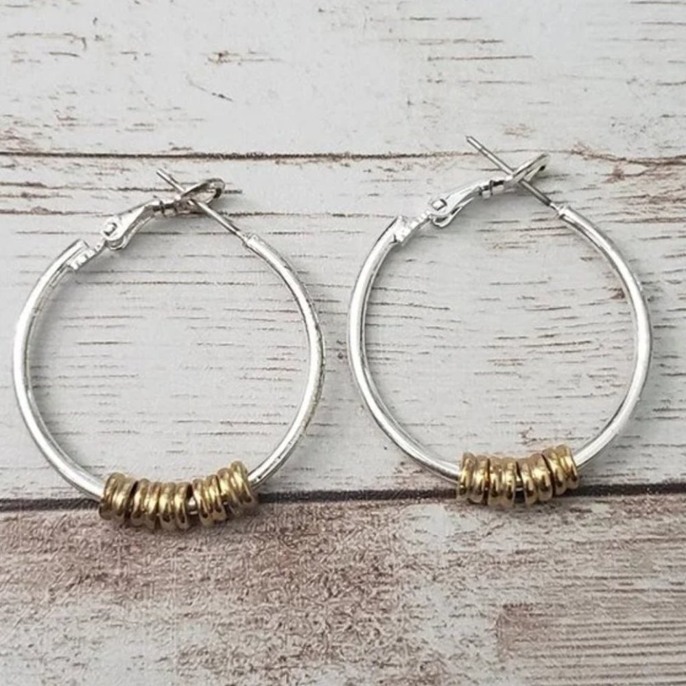 Vintage Earrings For Pierced Ears Silver Tone Hoops with Gold Tone Beads